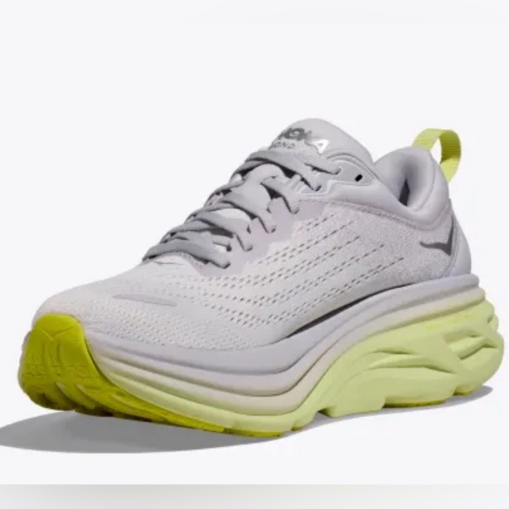 HOKA Bondi 8 Gray and Neon Green Running Shoes